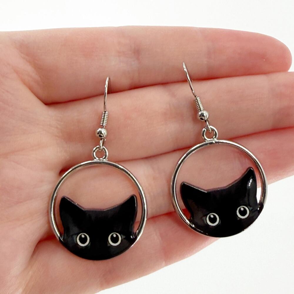 Peeking Black Cat Dangle Earrings